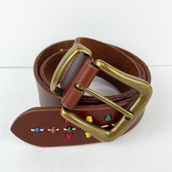Fossil Bridle Leather Belt Stitched and Beaded Embellishment Size Large - Picture 1 of 4